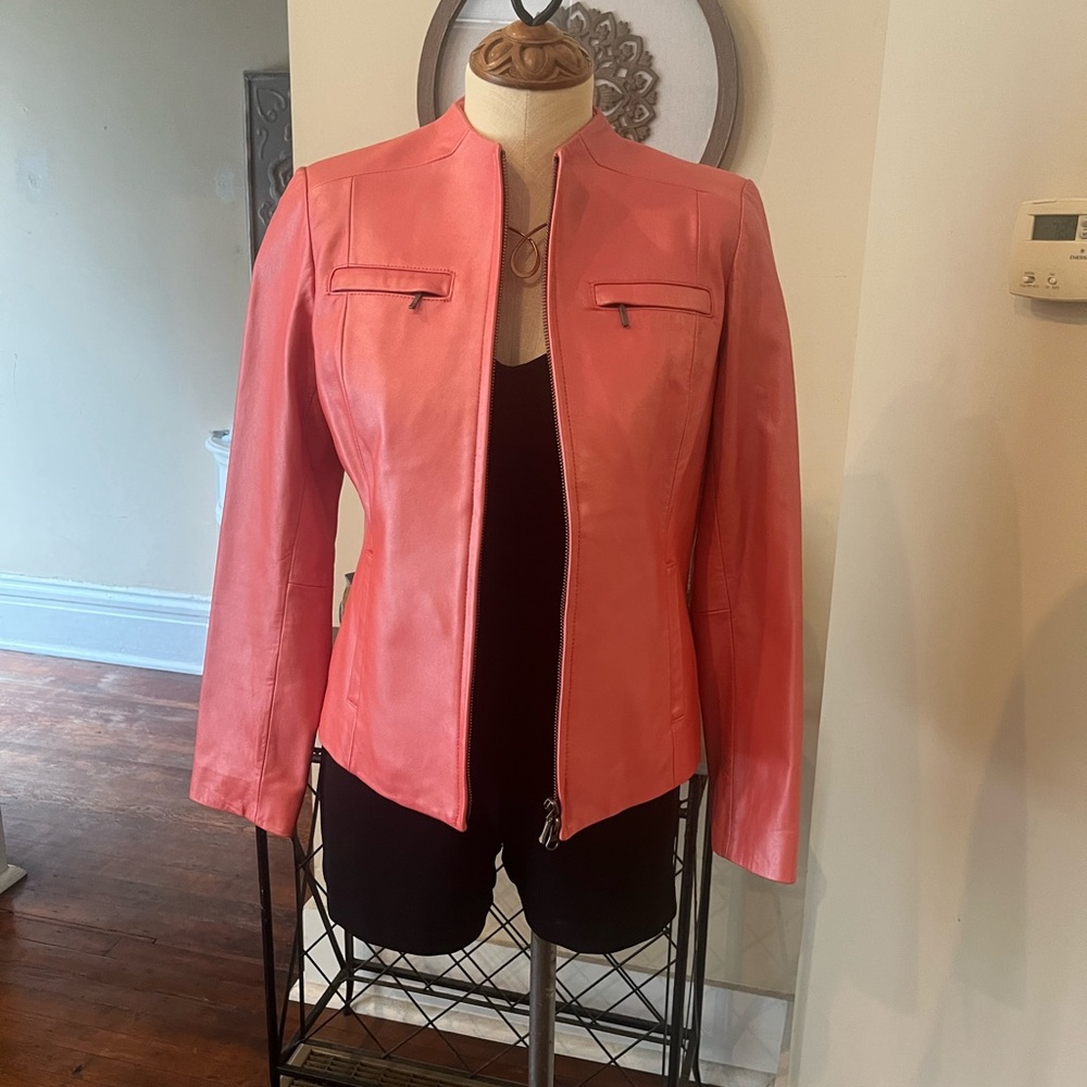 Alfani Pearl Pink Leather Jacket Stand-up Collar Fitted